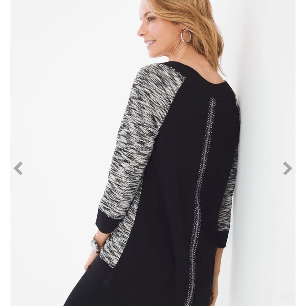 Chicos Zenergy Black White Space Dye Back Zip Top Size 1 Medium 8/10 3/4 Sleeve - Picture 3 of 7